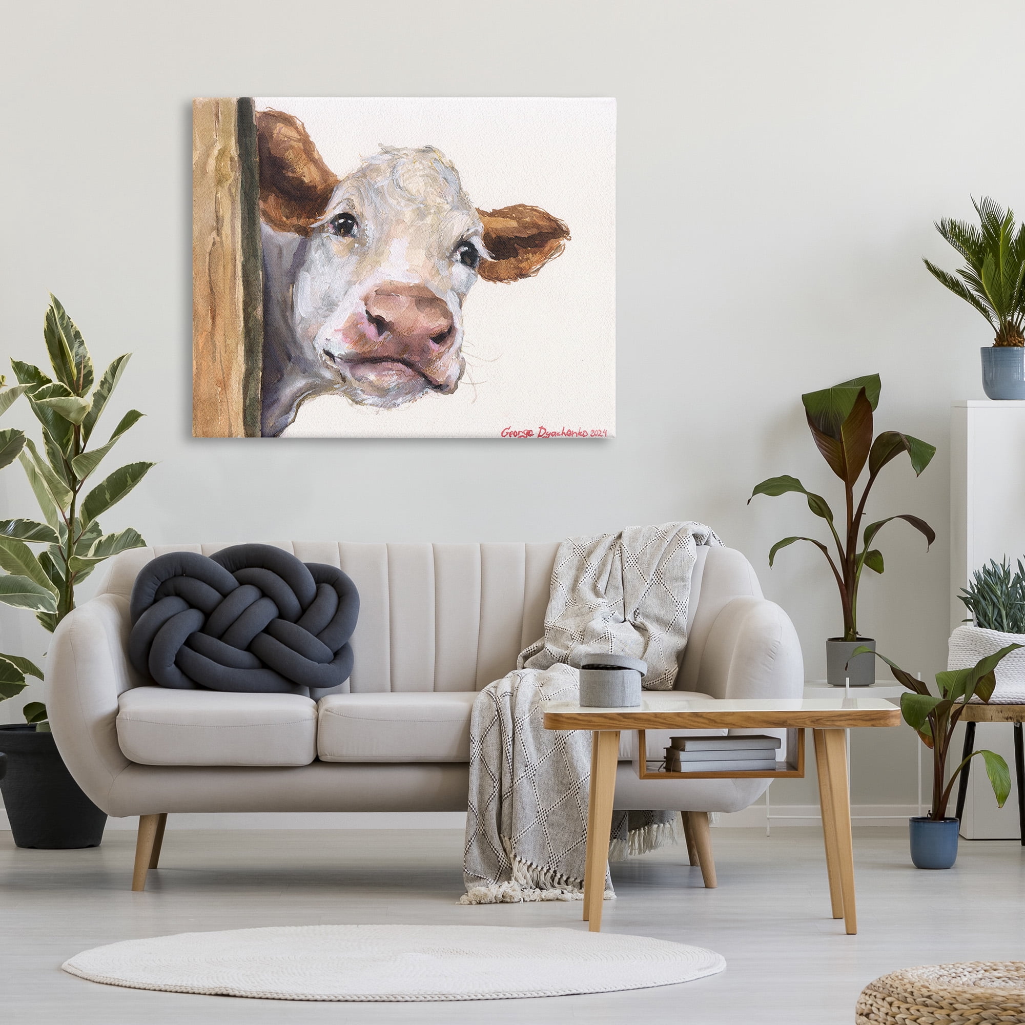 Stupell Industries Peeking Cattle & Fence Animals & Insects Painting Gallery Wrapped Canvas Art Print Wall Art, 48 x 36