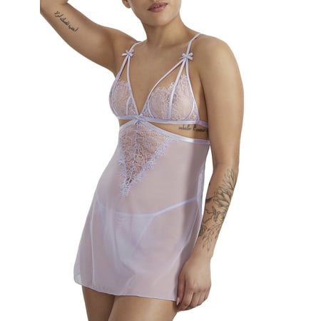 Oh l l Ch©ri Women s Vera Soft Cup Eyelash Lacy and Mesh Babydoll Lavendula L/XL