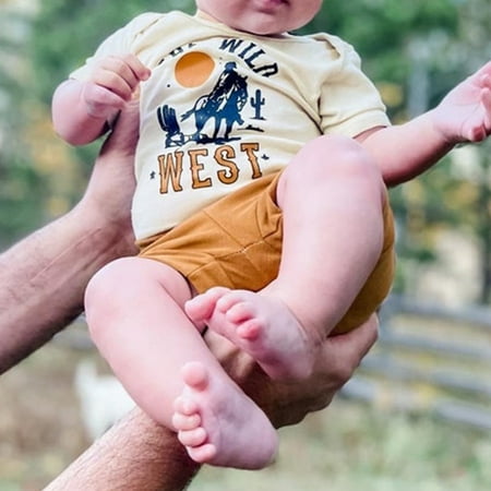 

Infant Baby Boy Summer Clothes Western Outfit Letter Cow Head Crew Neck Short Sleeve T Shirt Elastic Shorts 2Pcs Set (Beige/The Wild west 2-3 Years)