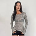 thumbnail image 5 of Mesh Top for Women Flared Sleeve Ship Collar Mesh Shirt Sheer Top Solid Floral Tee Shirts Grey M, 5 of 9