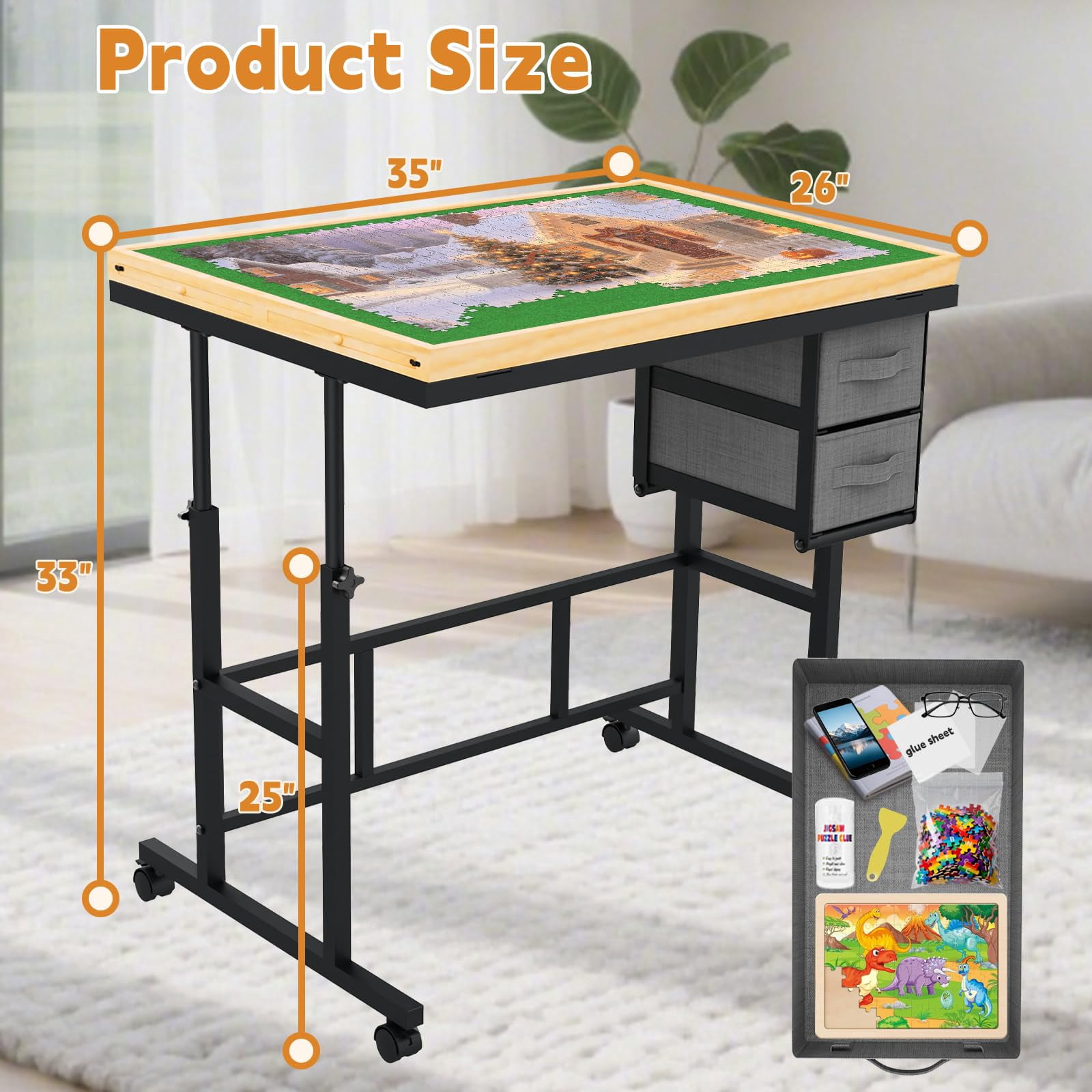 Jigsaw Puzzle Table for Adults with 6 Drawer and Legs, 1500 Pieces Puzzle Table with Protective Cover&Wheels, Adjustable Height and Five up Angles, Natural&Green