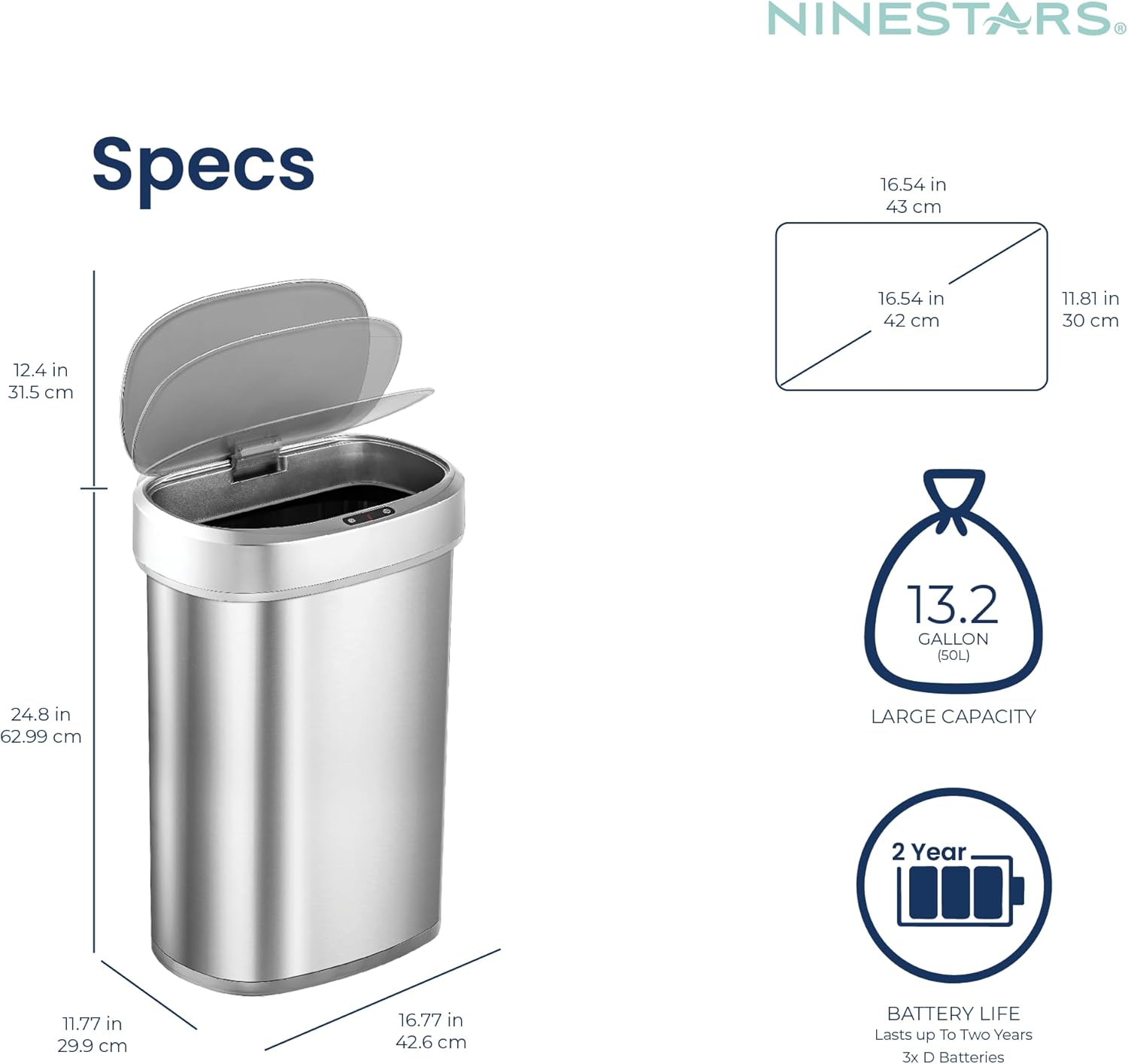 NINESTARS DZT-50-49 Automatic Touchless Motion Sensor Oval Trash Can, Black Top, 13 Gallon/50 Liter, Stainless Steel