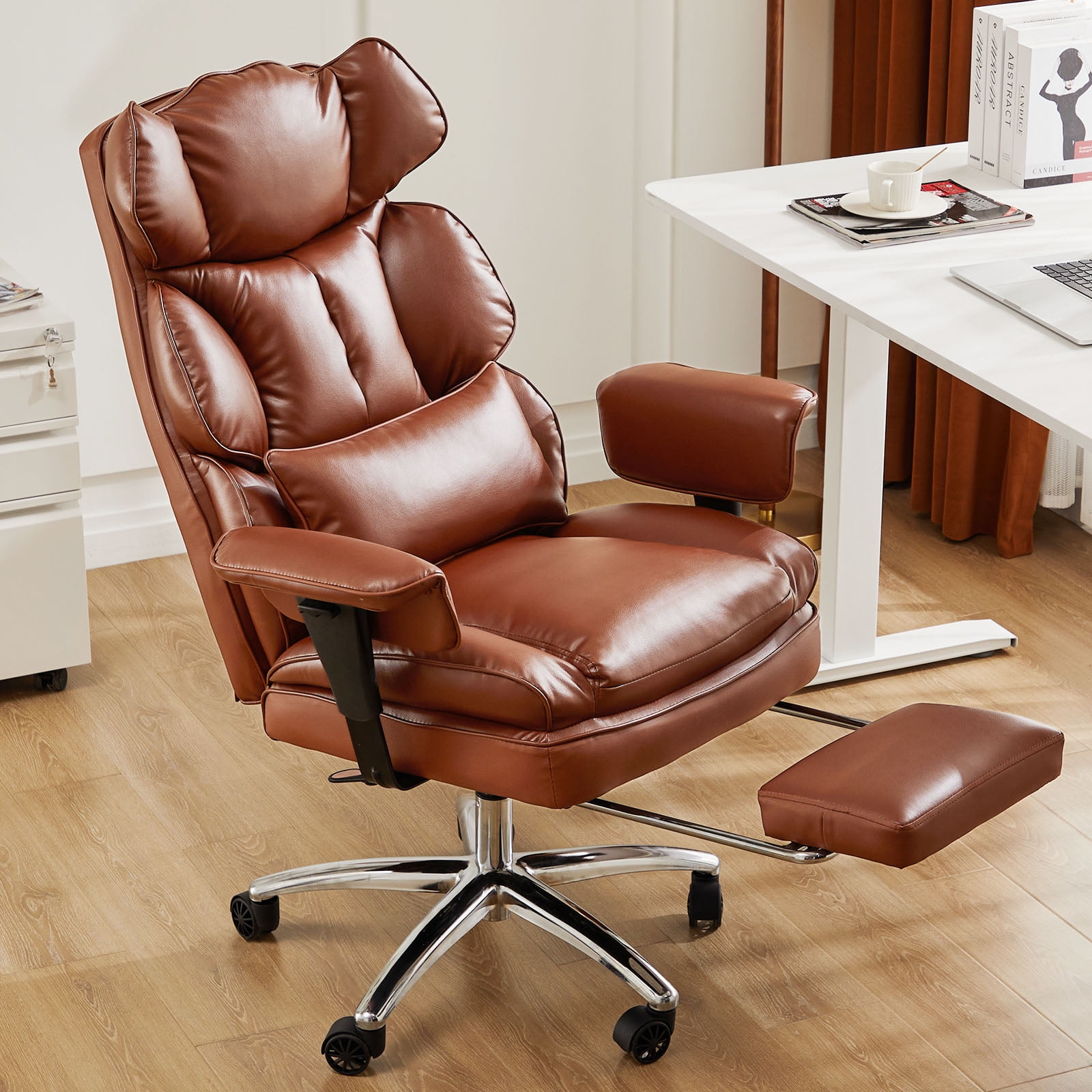 GIANNA Executive Home Office Desk Chair Ergonomic Big Tall High Back with Footrest & Lumbar Support, Reclining Height Adjustable Comfy PU Leather Computer Gaming with Swivel Wheels, Brown