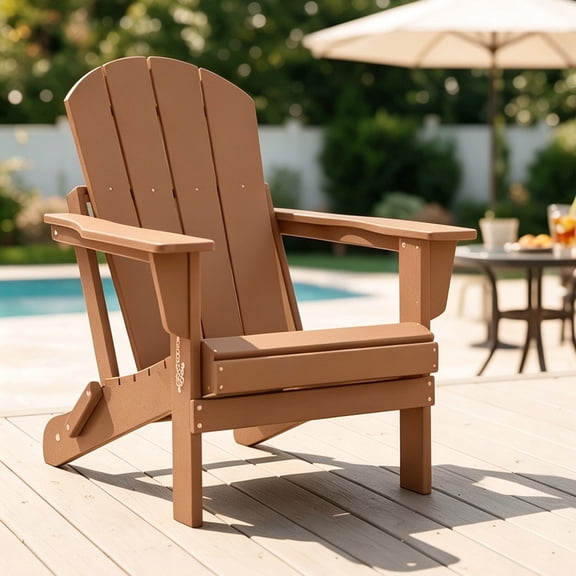 Costaelm Outdoor Folding Adirondack Chair, All-Weather & Space-Saving HDPE Chair for Patio, Poolside, Deck & Graden, Teak