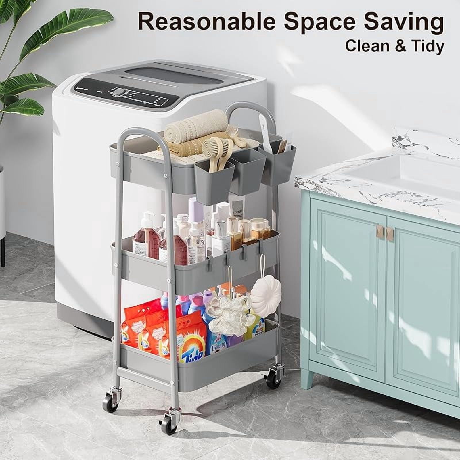 3 Tier Green Metal Rolling Cart with Lockable Wheels and Handle, 3 Tiered Utility Storage Organizer Carts for Teachers, Arts, Craft, Snack, Book, Bedside, Nursery, Cleaning Supplies, Easy Assembly