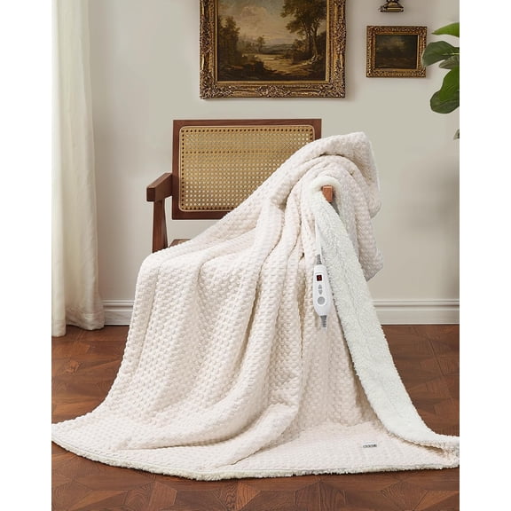 Heated Blanket Twin Size, Waffle Weave Electric Throw Blanket Fast Heating with LCD Controller, 10 Heat Levels & 1-12H Time Settings Auto Off, ETL Certified, Beige, 62" x 84"