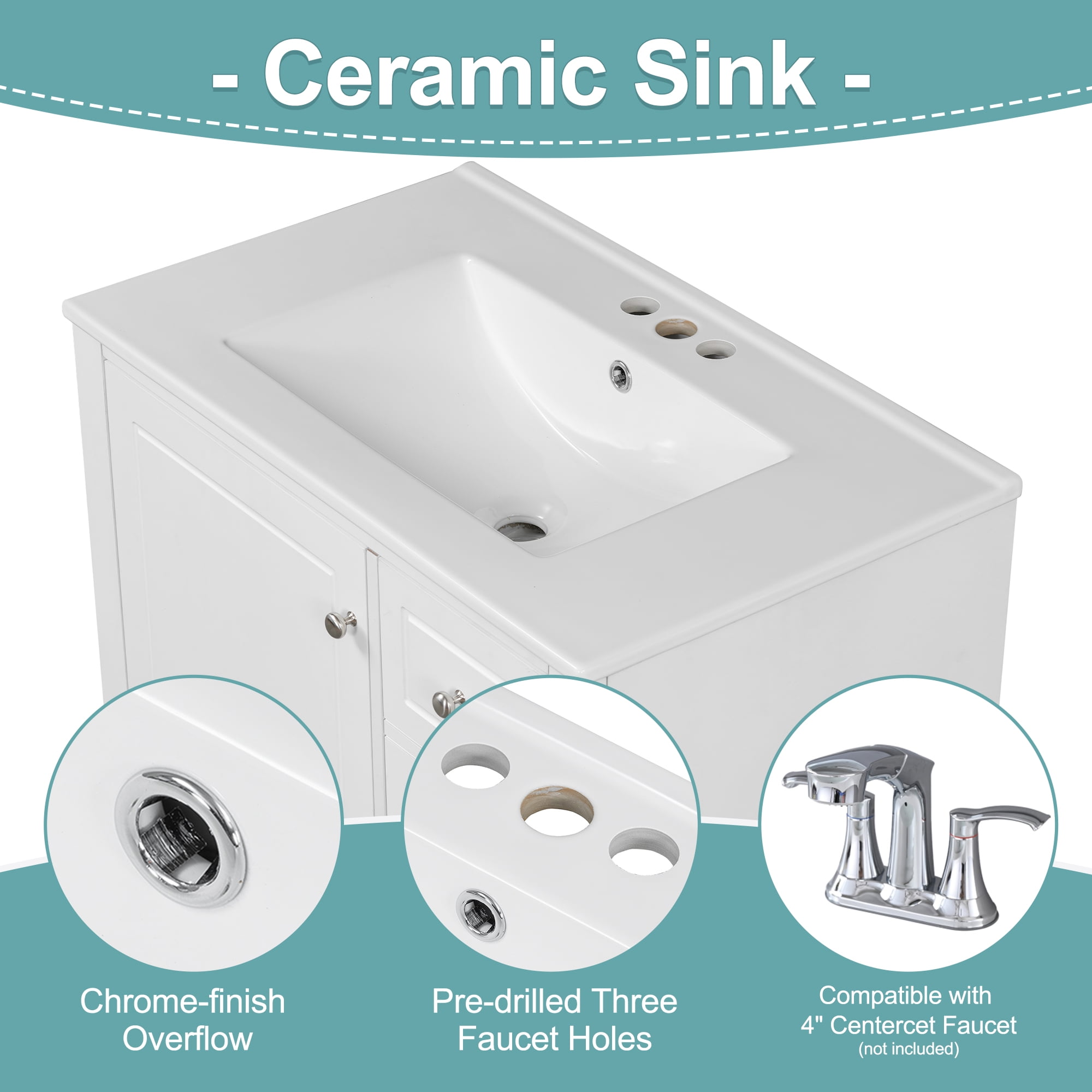 Euroco 30" Bathroom Vanity with Sink, One Door with Shelf and Three Drawers, Soft Close Door