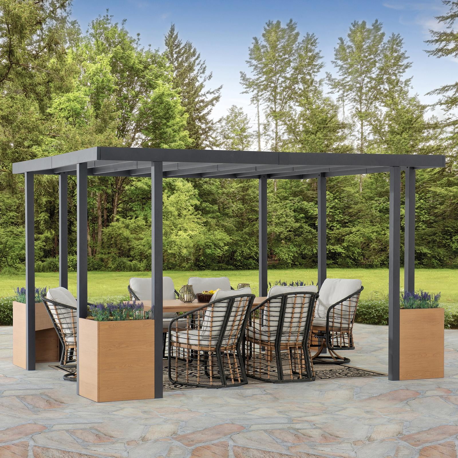 Sunjoy 10 x 12 ft. Outdoor Patio Black Steel Frame Pergola with Planters