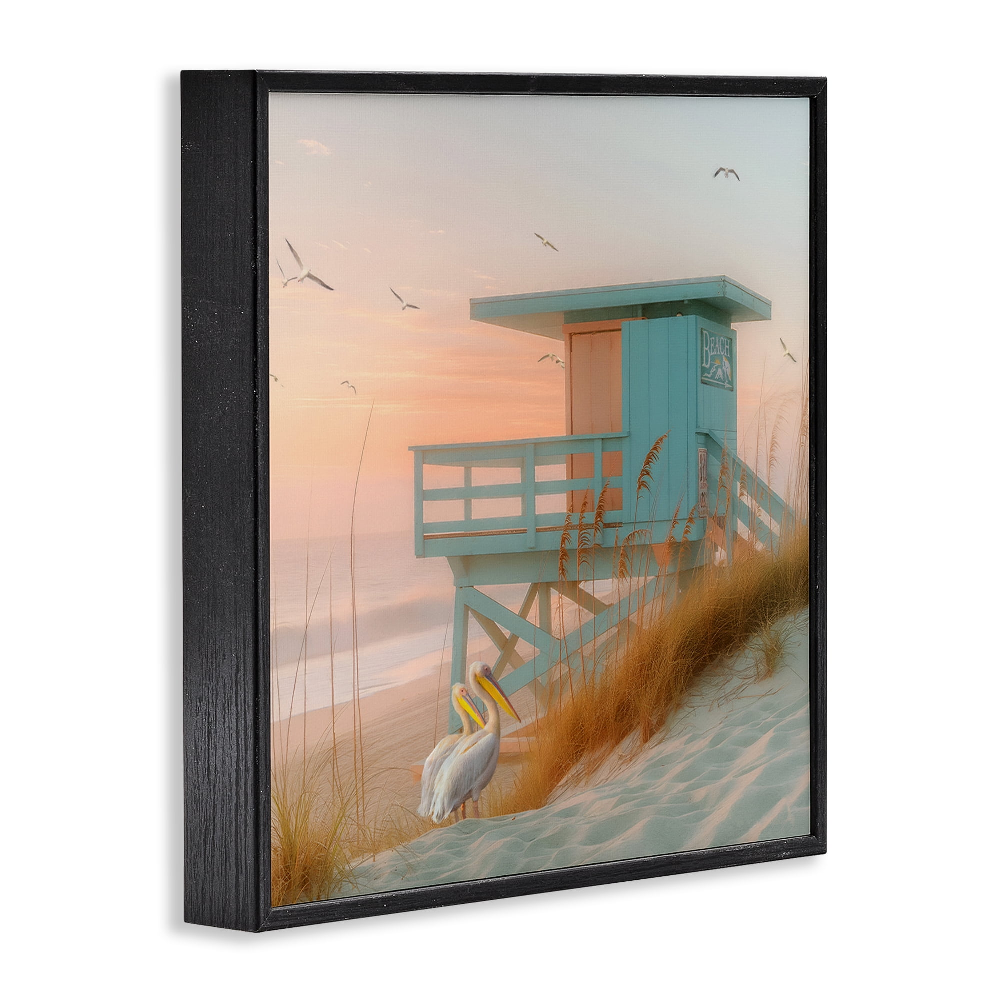 Stupell Industries Coastal Charm Beach Hut Coastal Painting Black Framed Art Print Wall Art, 17 x 17