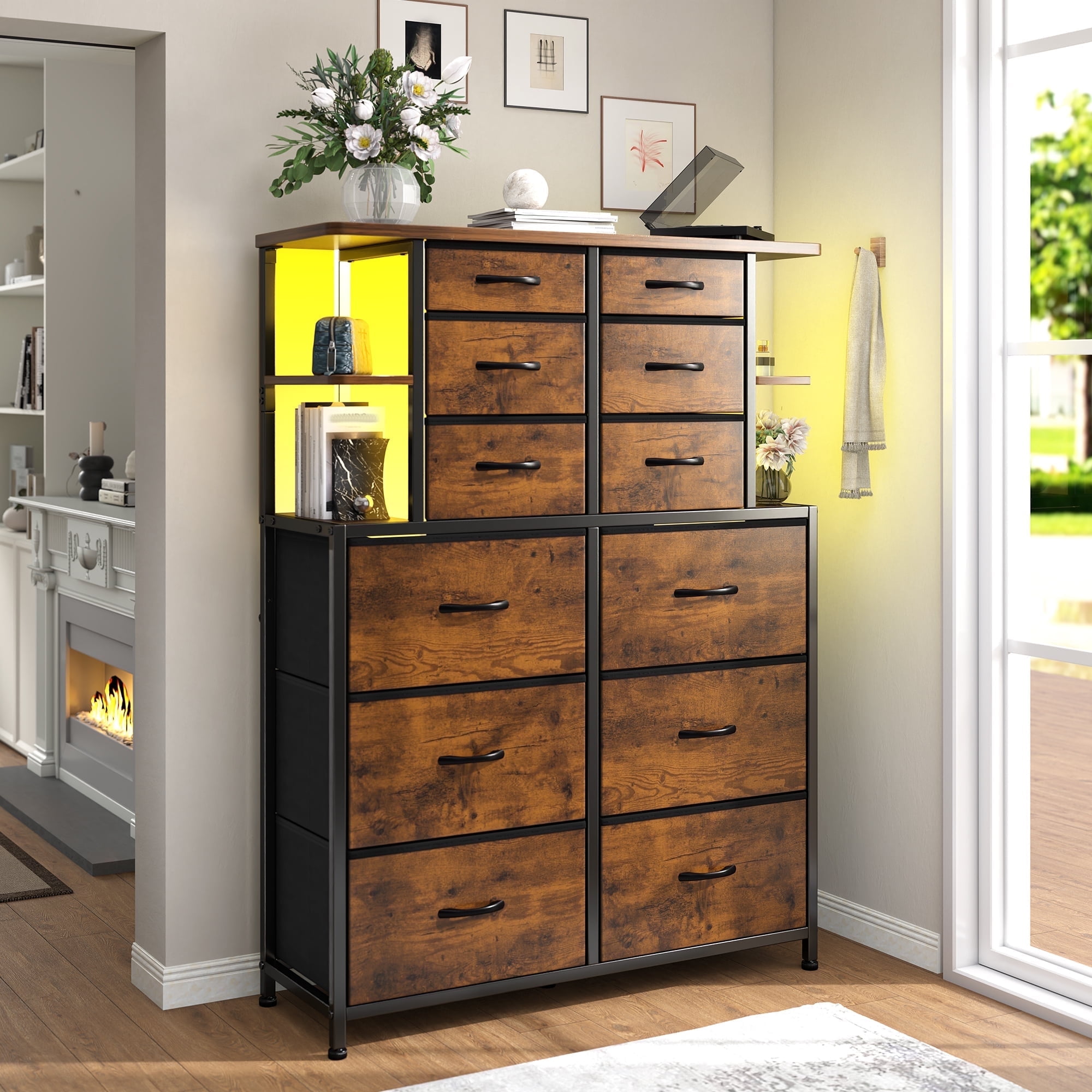 Romorgniz Tall Dressers for Bedroom with 12 Fabric Drawers and Open Shelves Dressers & Chests of Drawers with LED Lights, Metal Frame, Rustic Brown