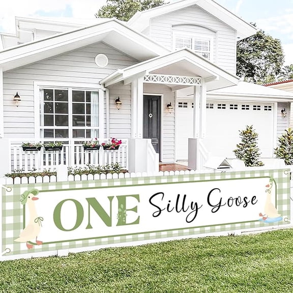 One Silly Goose Yard Banner, Goose 1st Birthday Party Decoration Green Farm Animal Theme Yard Sign Backdrop Our Little Goose is Turning One Party Decor for Kids First Birthday Supplies