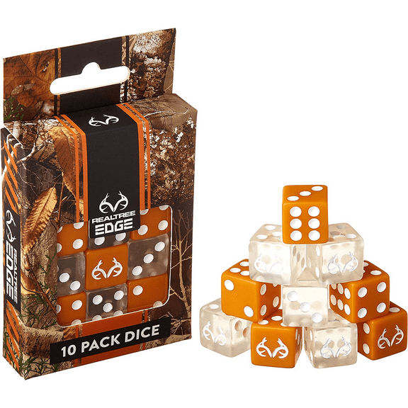 Realtree Edge Dice Set - 10 Pack of Orange & Clear Game Pieces - Six-Sided Dice Board Gaming Accessories - Cool Outdoors Themed Stuff for Father's Day, Family Game Night, Dice Rollers
