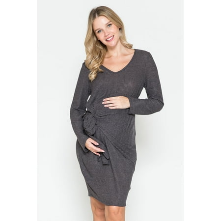

Women s Maternity V-Neck Side Wrap Tie Long Sleeve Midi Knee Length Dress