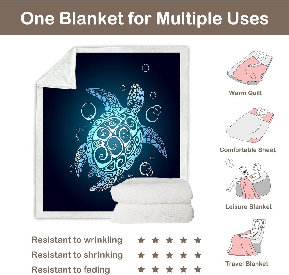 Turtle Fleece Blanket for Boys Girls Beach Theme Plush Sherpa Throw Blanket Teal Turquoise for Kids s (Throw 50''''''''x60'''''''')
