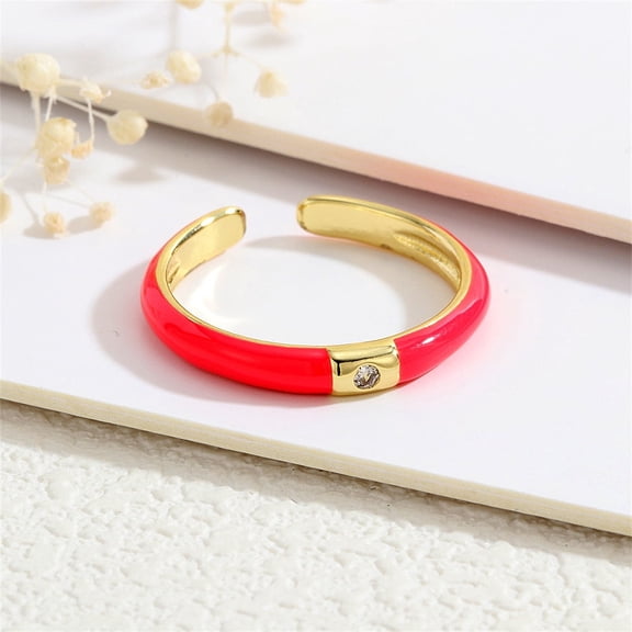 Adjustable Enamel Open Ring for Women, 18K Gold Plated Stackable Band with Cubic Zirconia, Colorful Minimalist Statement Fashion Jewelry