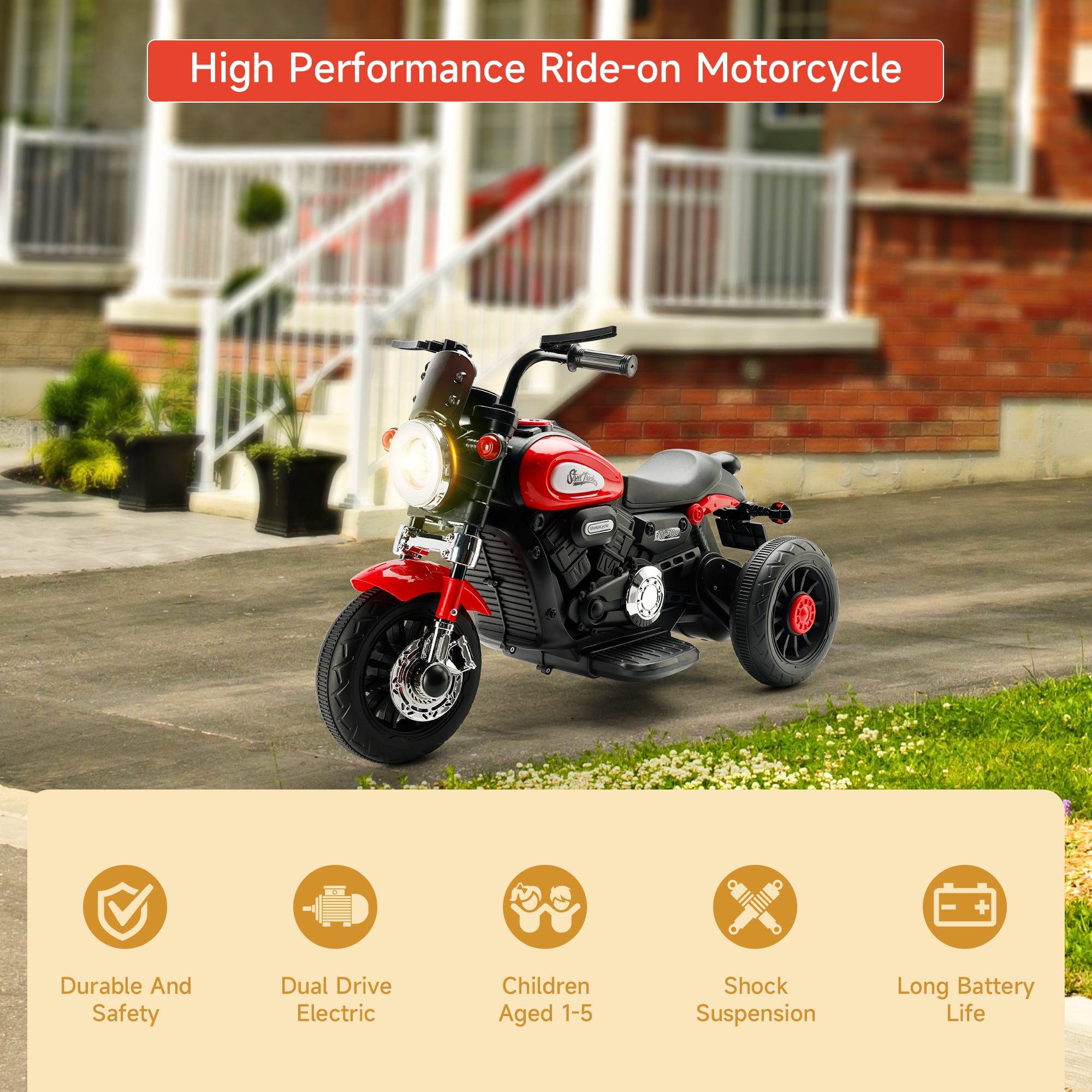 Bruce&Shark Kids Electric Motorcycle Ride-on Toy with Headlights, 3 Wheels Dual Motor Car for Children Boys Girls Red