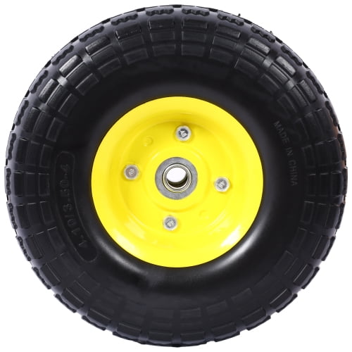 Rueda y neumático de espuma de PU libre para uso pesado - 4.10/3.50-4", 10" de diámetro, agujero de perforación de eje de 5/8", cubo de desplazamiento de 2.2"