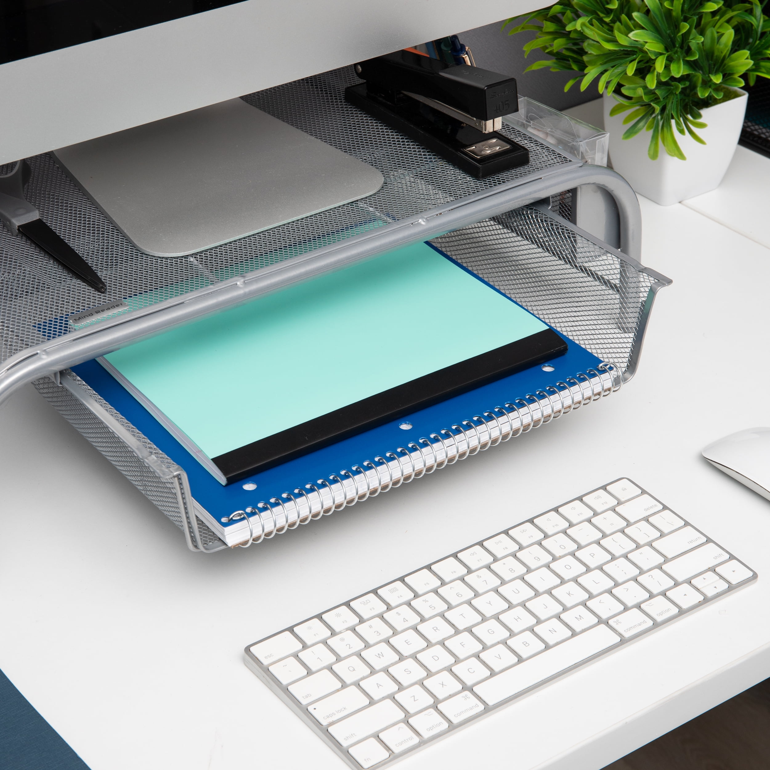 Mind Reader Monitor Stand, Ventilated Laptop Riser, Paper Tray, Storage, Office, Metal, Silver