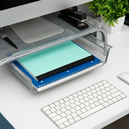 Mind Reader - Monitor Stand, Ventilated Laptop Riser, Paper Tray, Storage, Office, Metal Mesh, 20"L x 11.5"W x 5.5"H - Silver