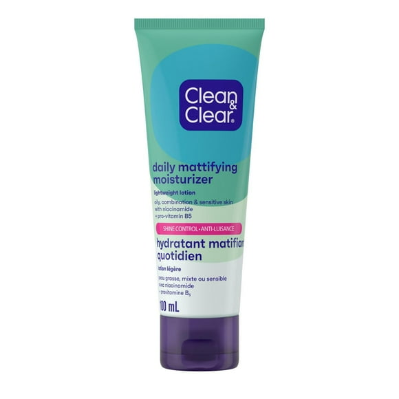 Hydratant matifiant quotidien pour le visage Clean & Clear, lotion pour le visage antibrillance avec niacinamide et provitamine B5 pour les soins de la peau grasse, mixte et sensible, non comédogène 100 mL