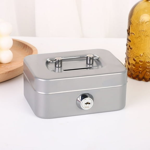 Mini Cash Box with Slot Small Cash Box with Money Tray and Key Lock, Metal Lock Box for Money Safe 4.5" x 3.5" x 2.3" Silver