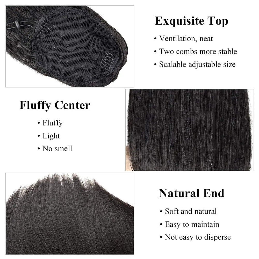 10-26 Inch Long Drawstring Ponytail Extension Natural Color Straight Pony Tail Clip in Remy Hair Piece for Black Women