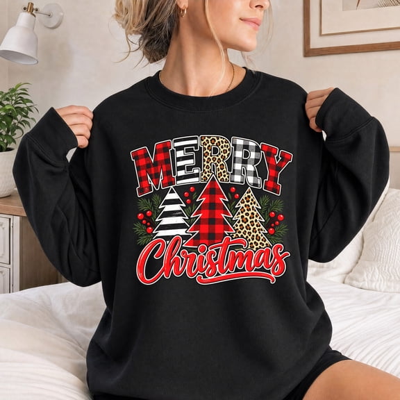 Jollimate Christmas Sweatshirt for Women, Merry Christmas Plaid Tree Graphic, Holiday Gathering Gift