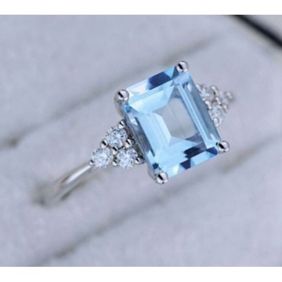 Natural Emerald Cut Aquamarine Engagement Ring 925 Silver Blue Aquamarine Promise Ring Blue Gemstone Solitaire March Birthstone Ring for Her