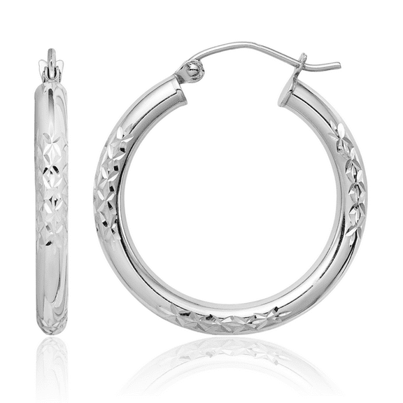 10K Solid White Gold 3mm Round Medium Hoop Earrings