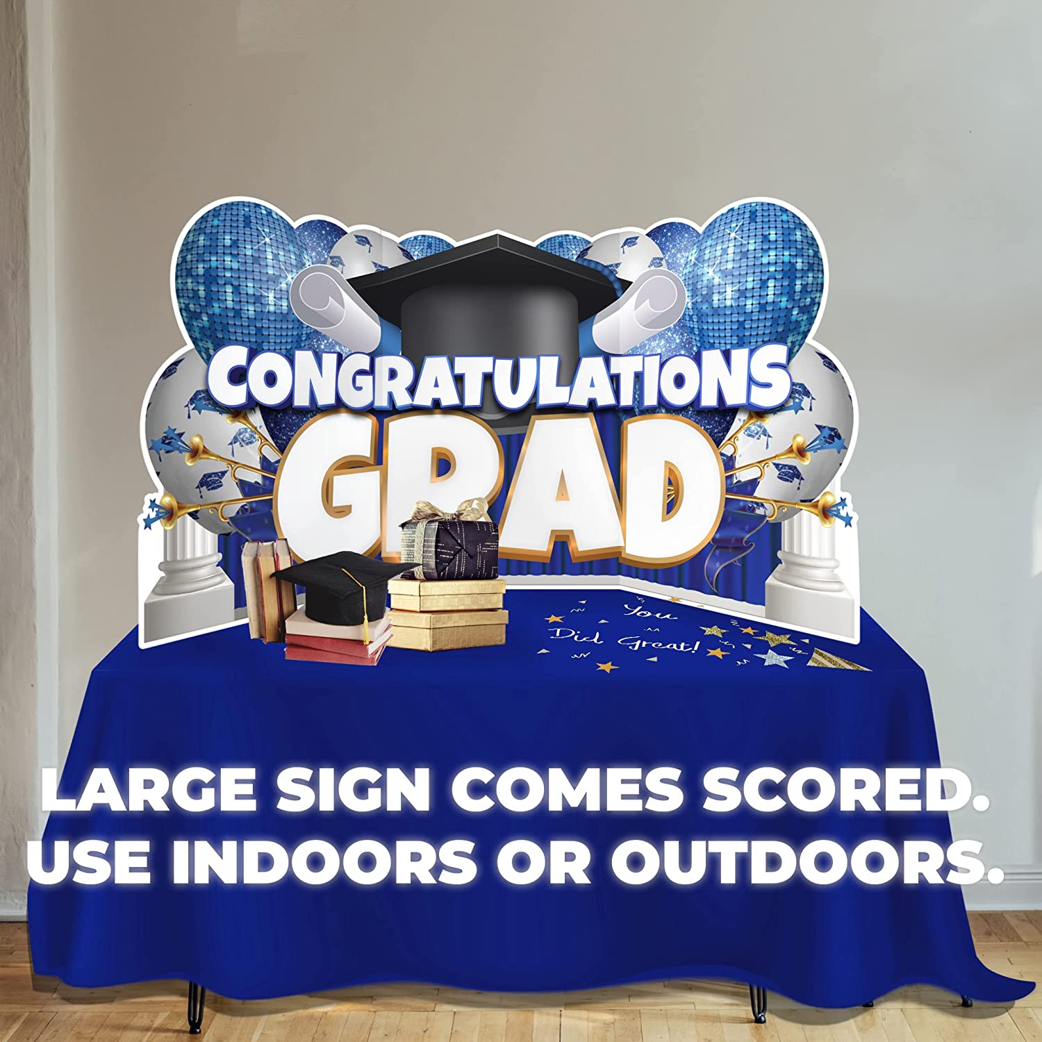 VictoryStore Oversized Blue Congratulations Grad, Caps Off To You EZ Yard Card Set, 8 Pieces