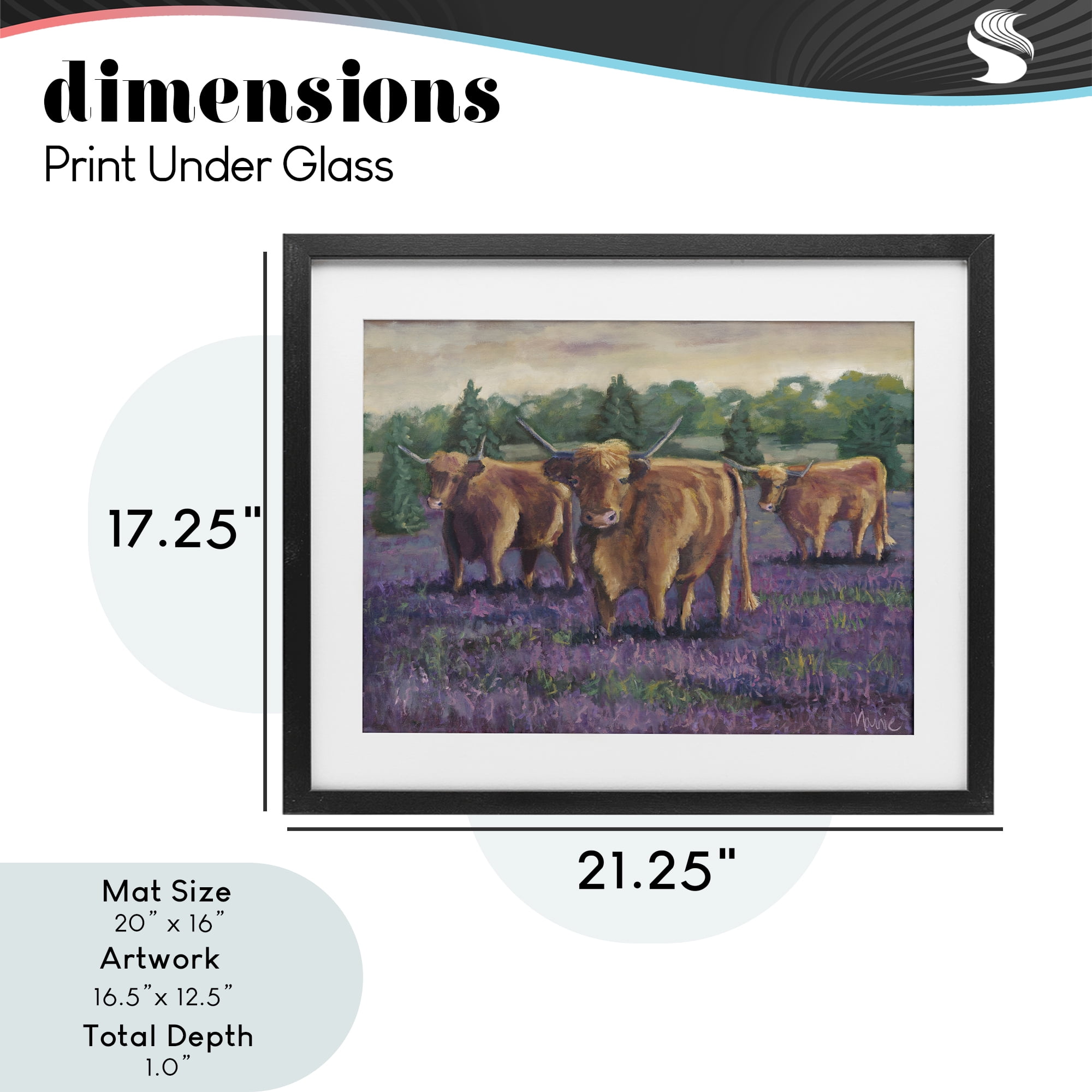 Purple Fields & Cows Black Framed Print Under Glass, design by Marnie Bourque