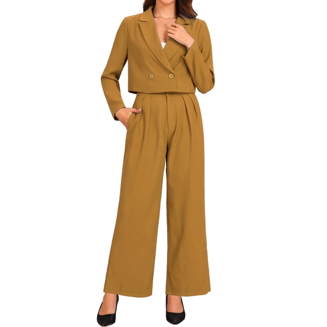 INSPIRAR CHIC Conjunto de 2 Piezas para Mujeres, Chaqueta Cortada con Solapa de Negocios y Pantalones de Pierna Ancha, Trajes de Trabajo XL Marrón Dorado