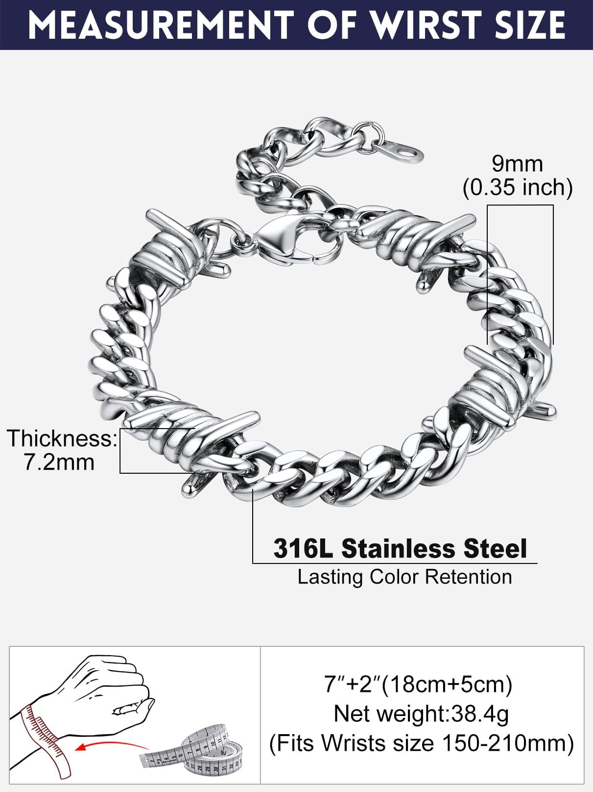 Bandmax 9MM Thorns Cuban Link Chain Bracelet for Men Dad Son Father's Day Graduation Gift Stainless Steel Curb Chain Bracelet for Women Punk Jewelry