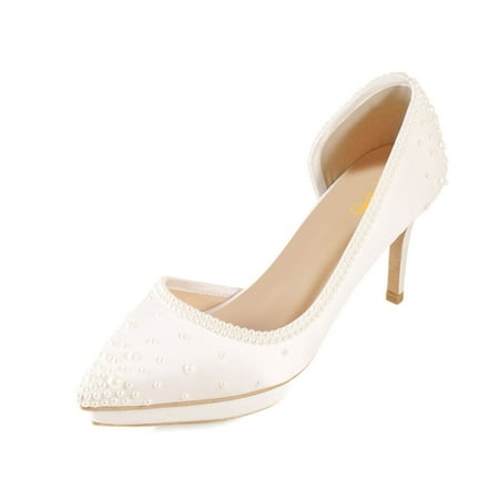XYD Women Bridal D Orsay Pearl Pointed Closed Toe Pumps Low Platform Mid Heels Slip-on Elegant Prom Shoes Size 6 White