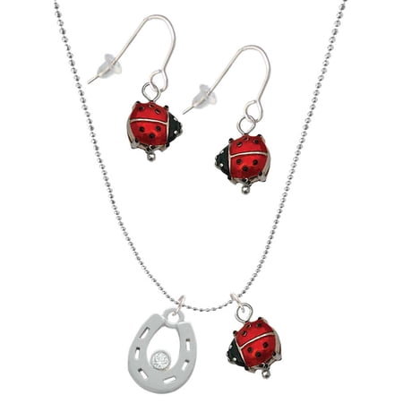 Delight Jewelry Silvertone Horseshoe with Clear Crystal Red Lucky Ladybug Necklace and Dangle Earrings Set