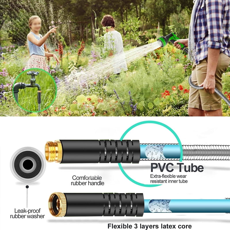 Garden Hose 50ft, Heavy Duty Stainless Steel Water Hose with 10 Functional Nozzles, No Kink, Lightweight and Flexible, Easy to Use and Store, Strong and Sturdy, Suitable for Yard and Lawn