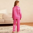 thumbnail image 4 of LEKWK 2-Piece Pajama Set for Girls Silky Satin Striped Long Sleeve Button-Down Top Matching Long Pants Soft Breathable Sleepwear Homewear Outfits, 4 of 7