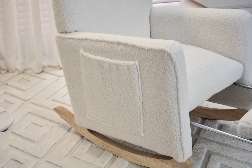 Nursery Rocking Chair with Adjustable Footrest & Ergonomic Backrest, Teddy Fabric Glider Chair with Side Pocket & Thick Seat Cushion, Rocking Accent Chair for Living Room Bedroom Office, Ivory