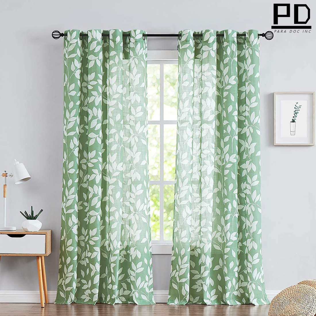 White Green Print Curtains for Living Room
