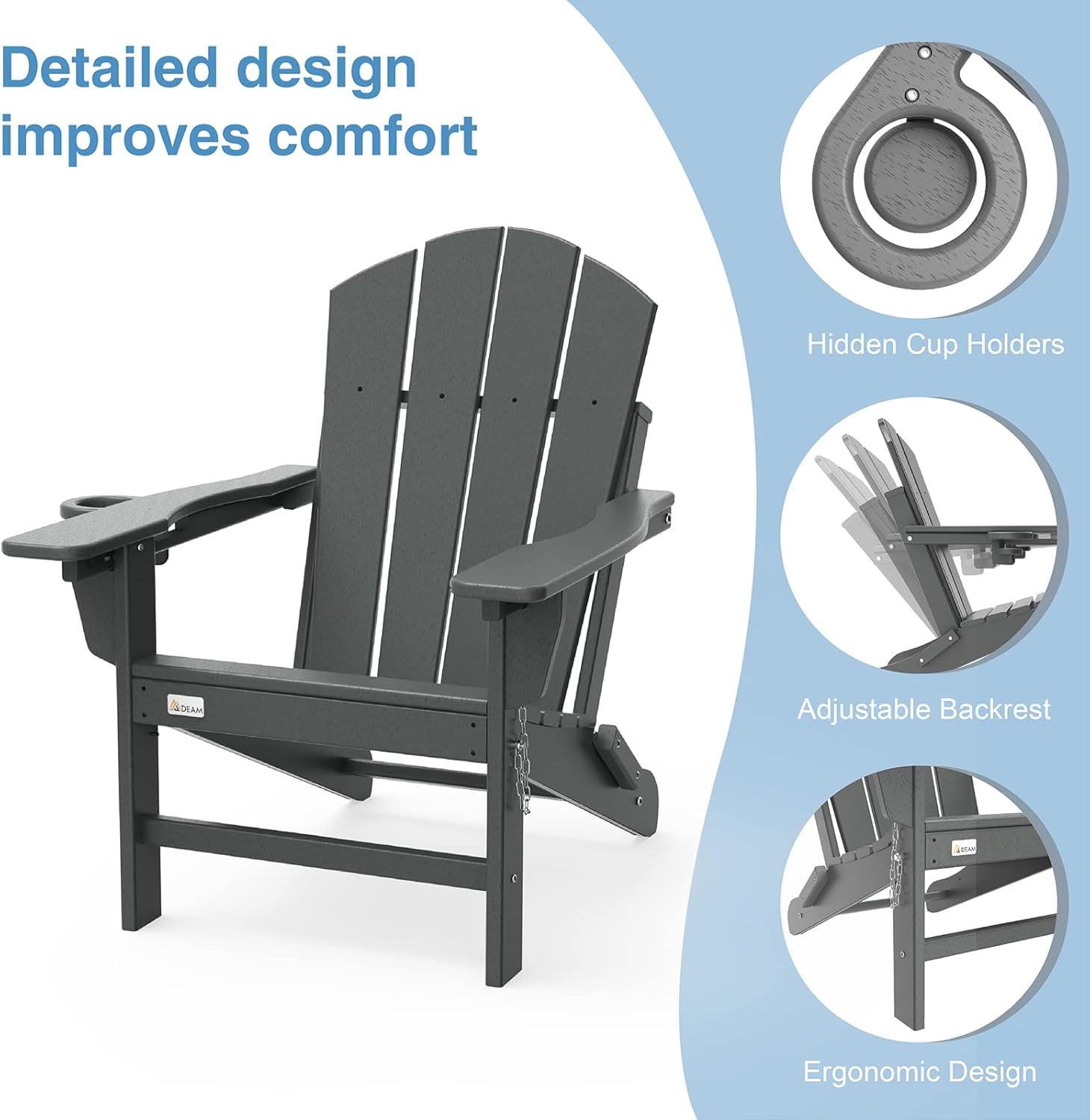 Erinnyees 3-Level Adjustable Adirondack Chair Set of 2, Wooden Textured, HDPE All-Weather Folding Fire Pit Chair with Cup Holder, Outdoor Chair for Beach Deck Patio Garden Backyard Campfire