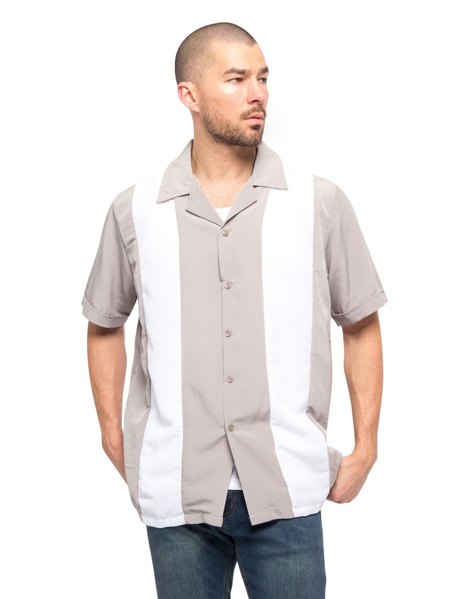 Mens Rockabilly Shirt Leopard Print Retro Style Twill Short Sleeve Bowling Shirt 