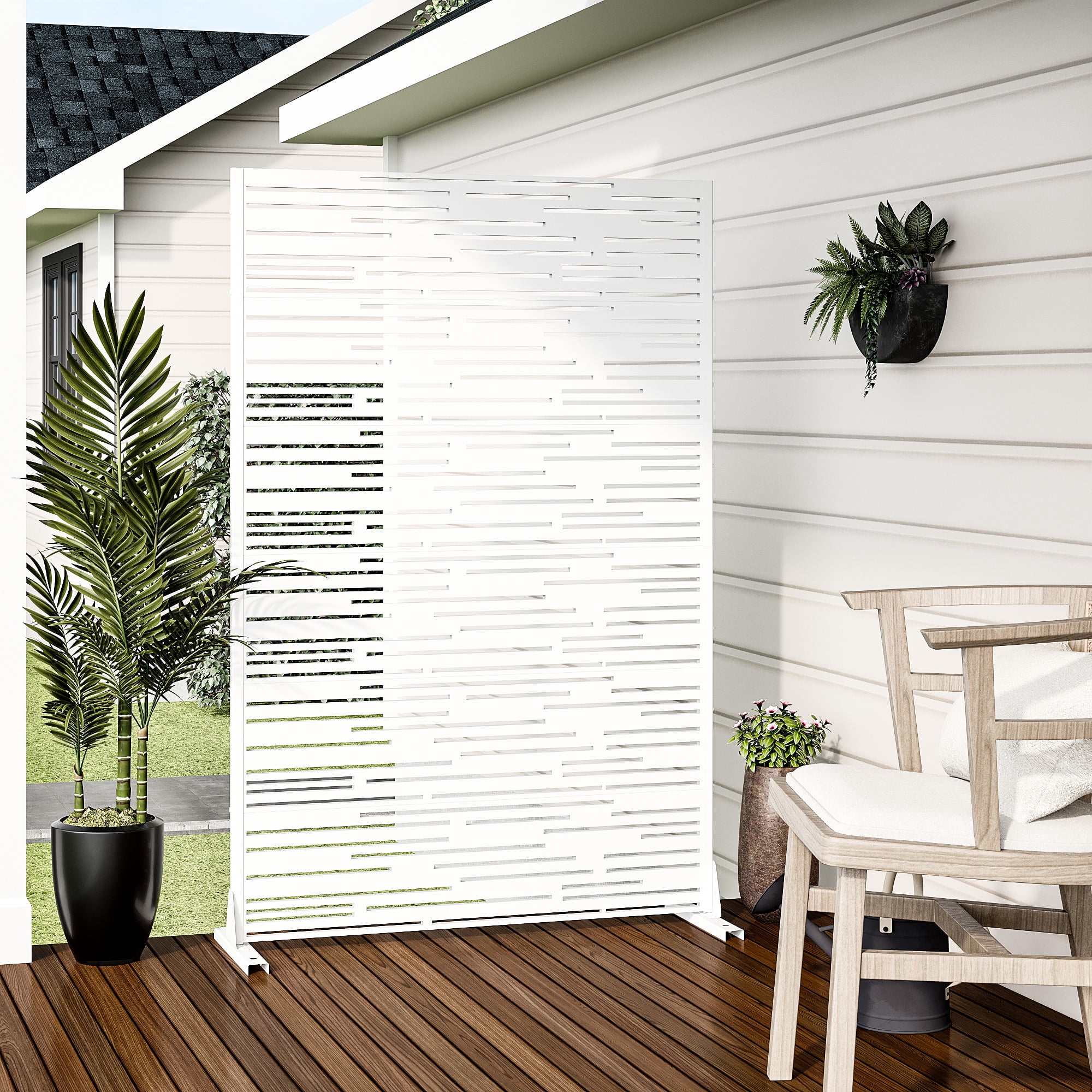 MAYEERTY 72×47" Outdoor White Metal Privacy Panel Screen for Backyard & Garden, Shadow Play Pattern