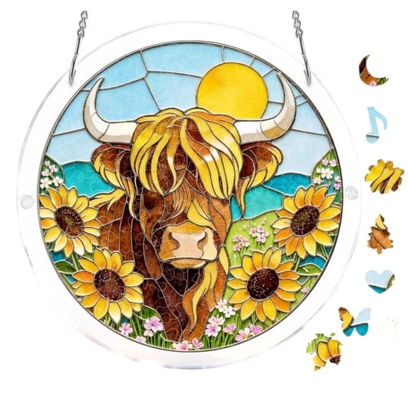 Acrylic Puzzle Suncatcher 83 Pieces, Highland Cow Acrylic Jigsaw Puzzle, Sun Catcher Puzzle Kit, Window Hanging Ornament, DIY Art Gift for Home Garden Indoor Decor