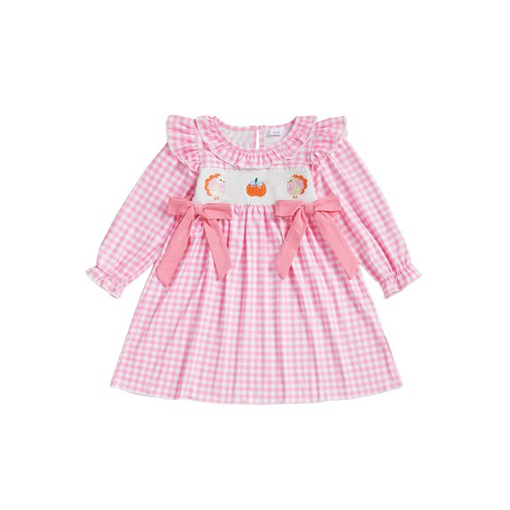 BemeyourBBs Toddler Baby Girls Thanksgiving Outfit Embroidery Turkey Gingham Plaid Ruffle Princess Dress Long Sleeve Crew Neck Bowknot Pleated Fall Winter Dress Clothes