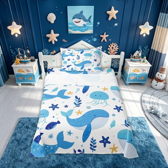 meiyoeat Cute Ocean Jellyfish Star Whale Twin Sheets for Boys Girls, Kawaii Marine Wildlife Bedding, Blue White, Polkadot Reversible, 1 Flat Sheet, 1 Fitted Sheet and 1 Pillowcase