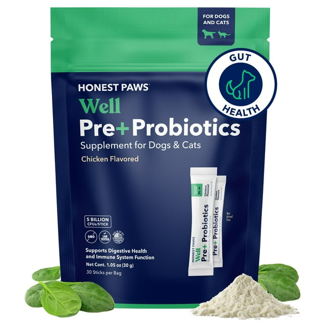 Probióticos Honest Paws para perros, polvo de apoyo digestivo e inmunológico con prebiótico fabricado en EE. UU., sabor a pollo (30 barras)