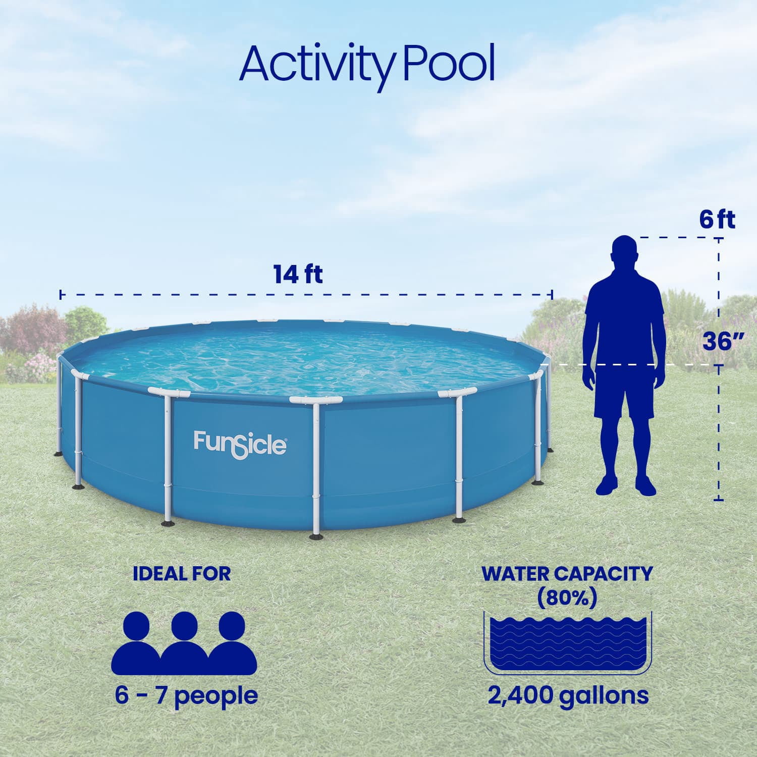 Funsicle Activity Above Ground Metal Frame Swimming Pool Set – with Skimmer Pump & Ladder, 14' x 36", Round, Blue