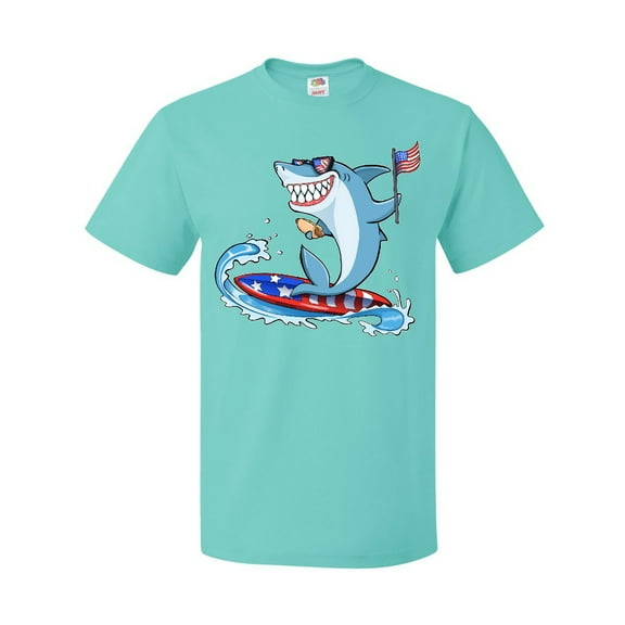 Inktastic Fourth of July Shark Surfing T-Shirt