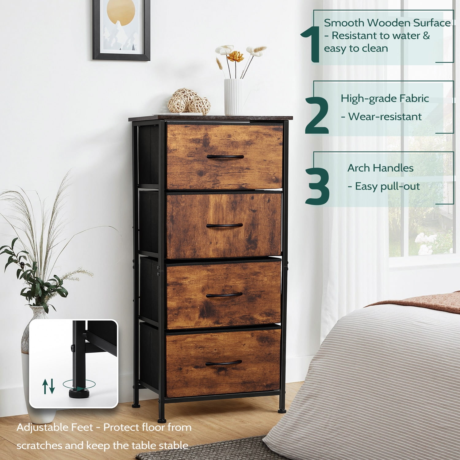4 Drawers Dresser for Bedroom, Vesteel Fabric Chest of Drawers Tall Storage Tower with Wood Top and Sturdy Steel Frame, Storage Organizer Unit for Closet, Living Room, Hallway - Rustic Brown