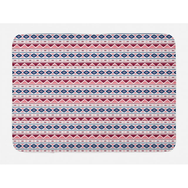 Ethnic Bath Mat, Tribal Pattern with Triangles Rhombuses Squares Pastel Illustration, Non-Slip Plush Mat Bathroom Kitchen Laundry Room Decor, 29.5 X 17.5 Inches, Pale Pink Maroon Dark Blue, Ambesonne